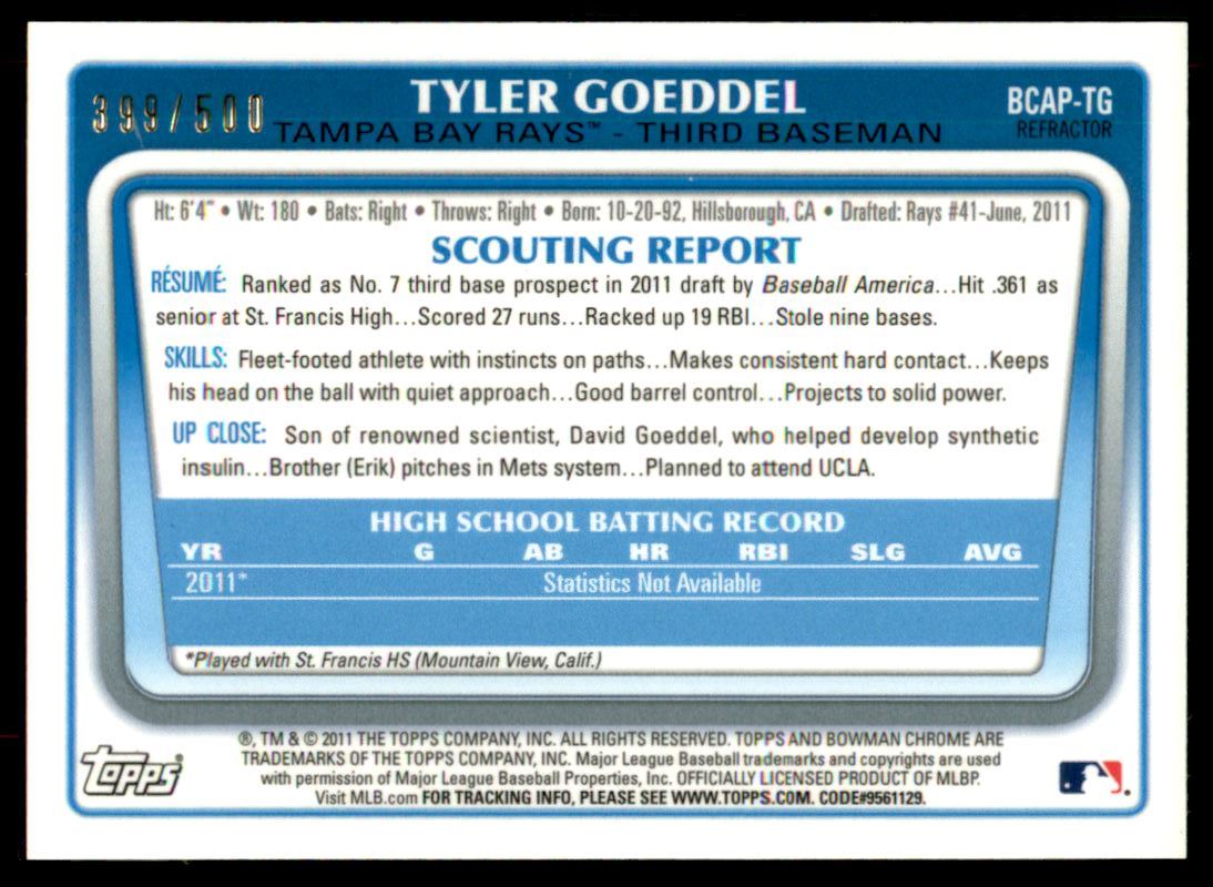2011 Bowman Chrome Draft Prospect Autographs Refractors #TG Tyler Goeddel