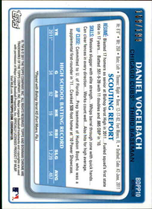2011 Bowman Chrome Draft Prospects Blue Refractors #BDPP10 Daniel Vogelbach back image