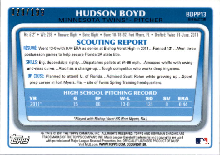 2011 Bowman Chrome Draft Prospects Blue Refractors #BDPP13 Hudson Boyd back image