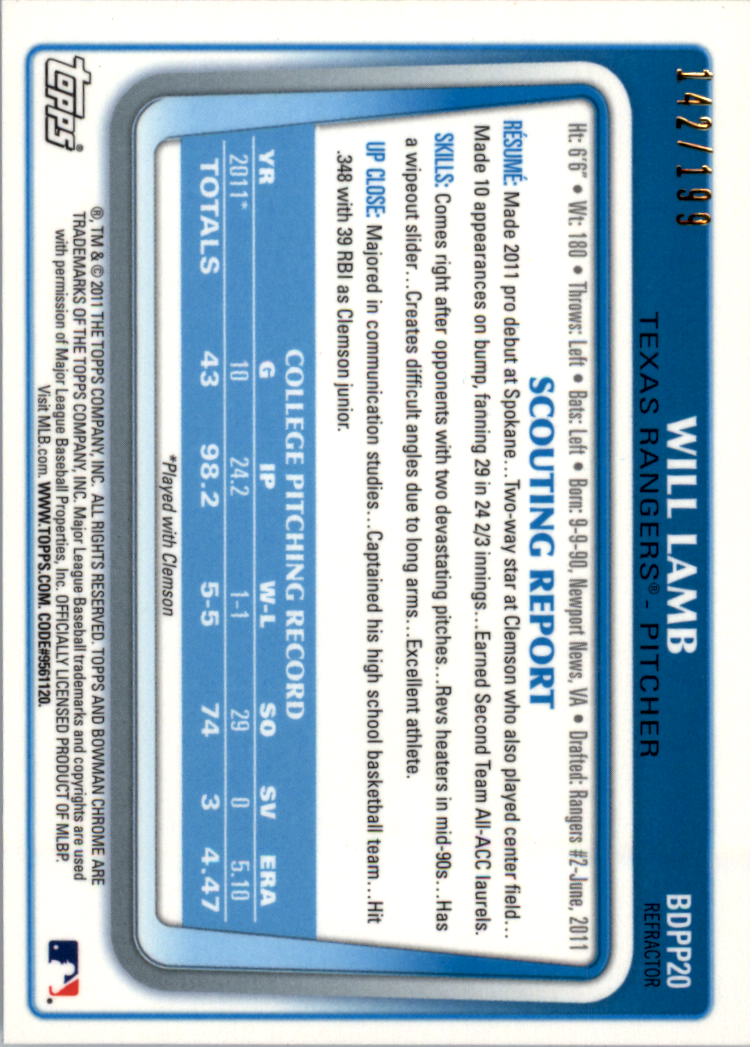 2011 Bowman Chrome Draft Prospects Blue Refractors #BDPP20 Will Lamb back image