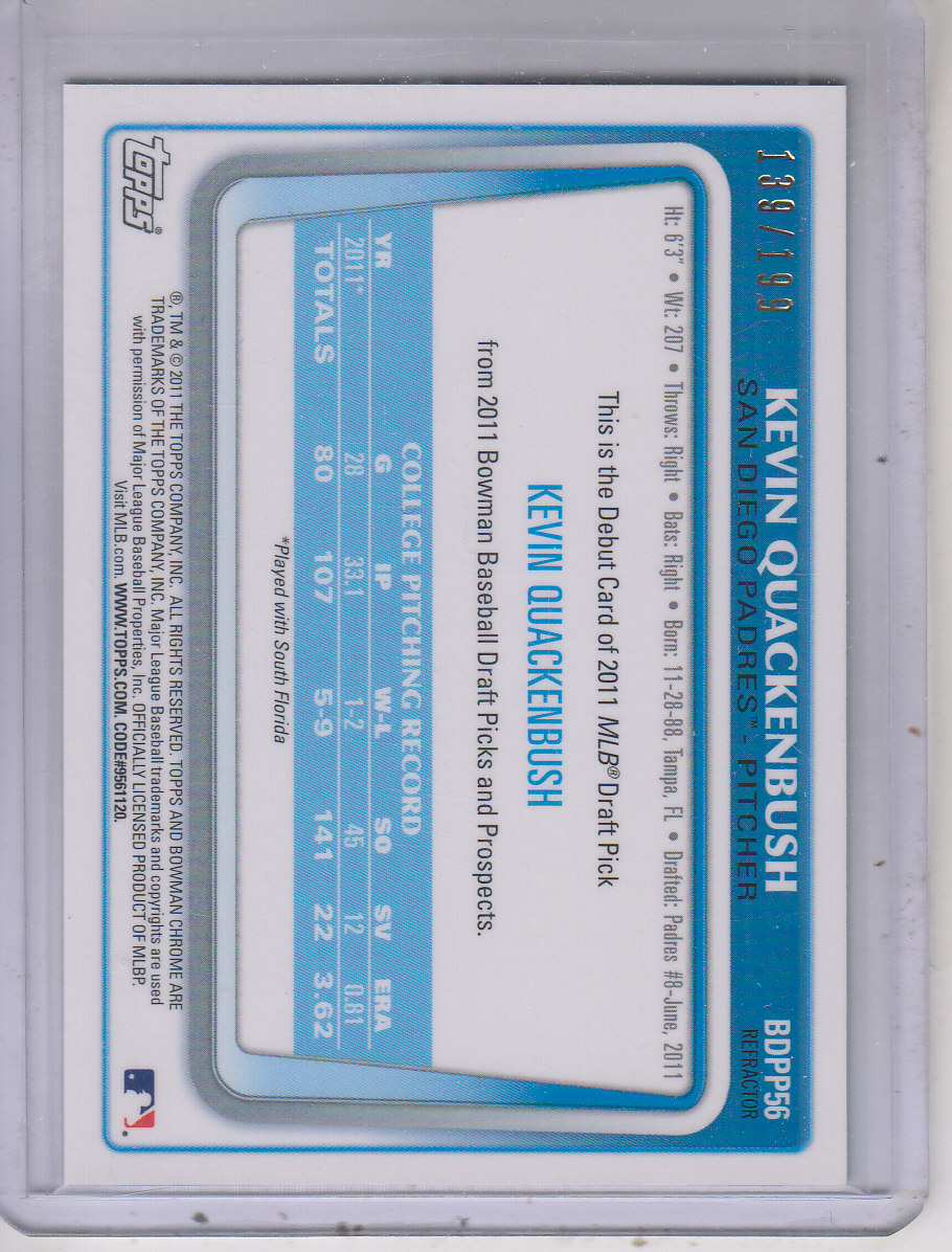 2011 Bowman Chrome Draft Prospects Blue Refractors #BDPP56 Kevin Quackenbush back image