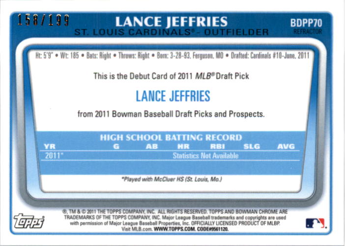 2011 Bowman Chrome Draft Prospects Blue Refractors #BDPP70 Lance Jeffries back image
