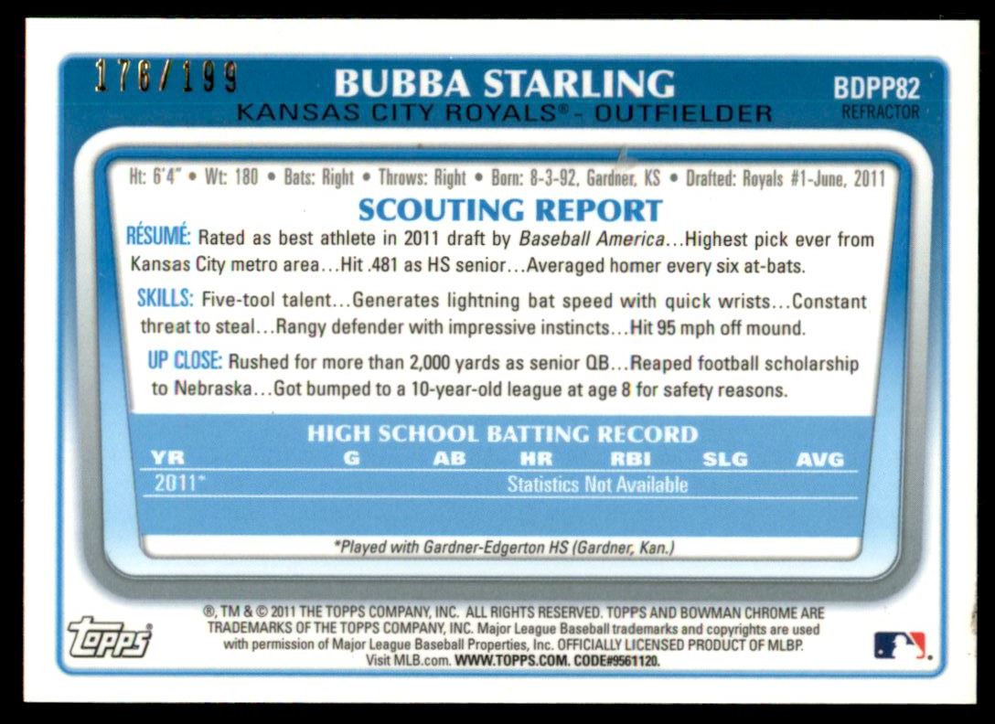 2011 Bowman Chrome Draft Prospects Blue Refractors #BDPP82 Bubba Starling back image
