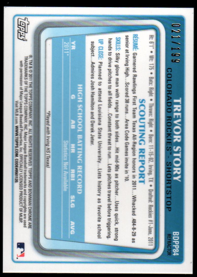 2011 Bowman Chrome Draft Prospects Blue Refractors #BDPP84 Trevor Story back image