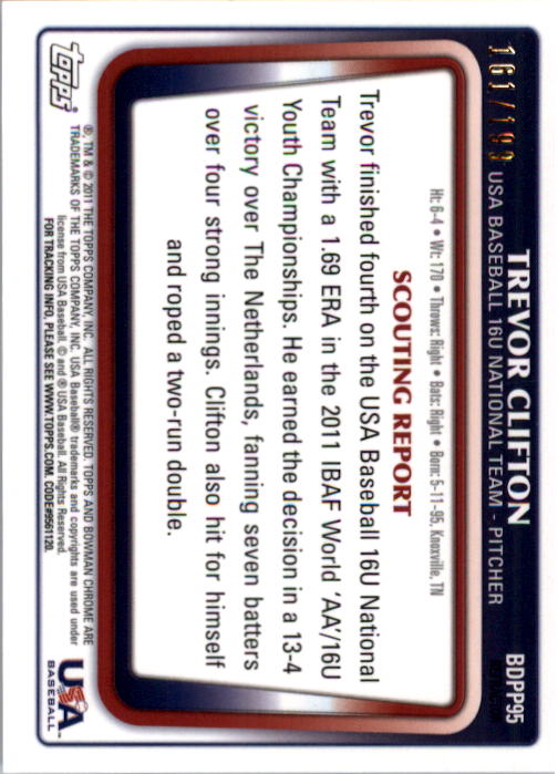 2011 Bowman Chrome Draft Prospects Blue Refractors #BDPP95 Trevor Clifton