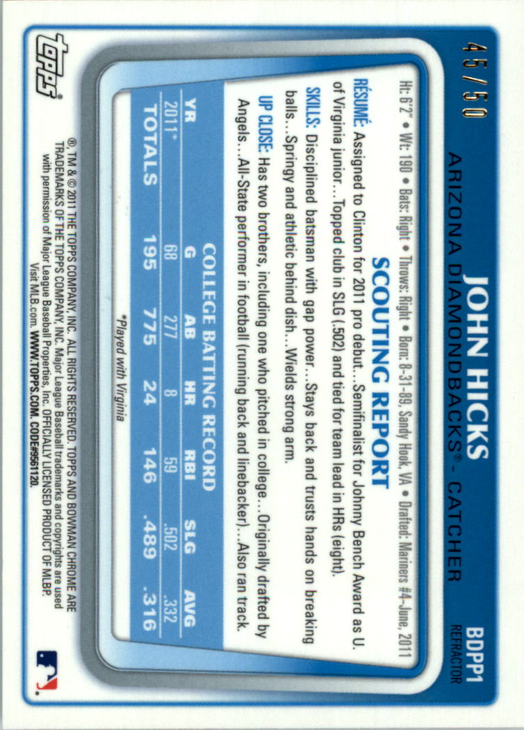 2011 Bowman Chrome Draft Prospects Gold Refractors #BDPP1 John Hicks back image