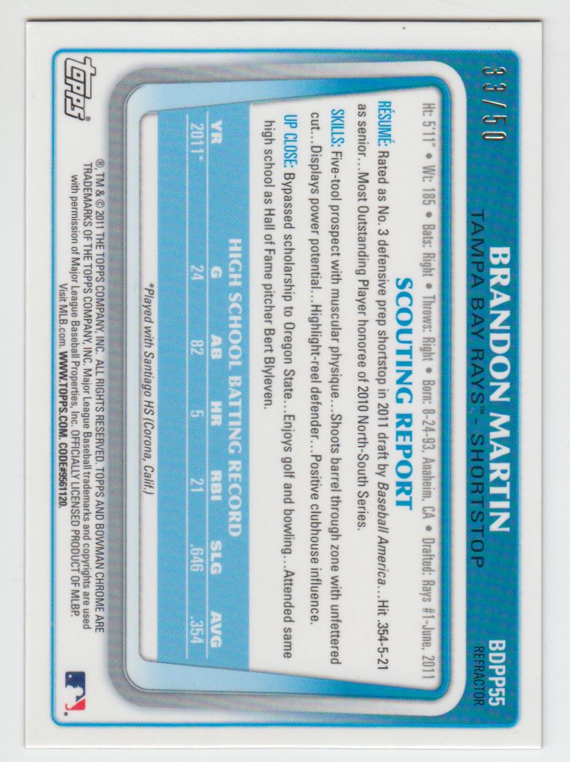 2011 Bowman Chrome Draft Prospects Gold Refractors #BDPP55 Brandon Martin