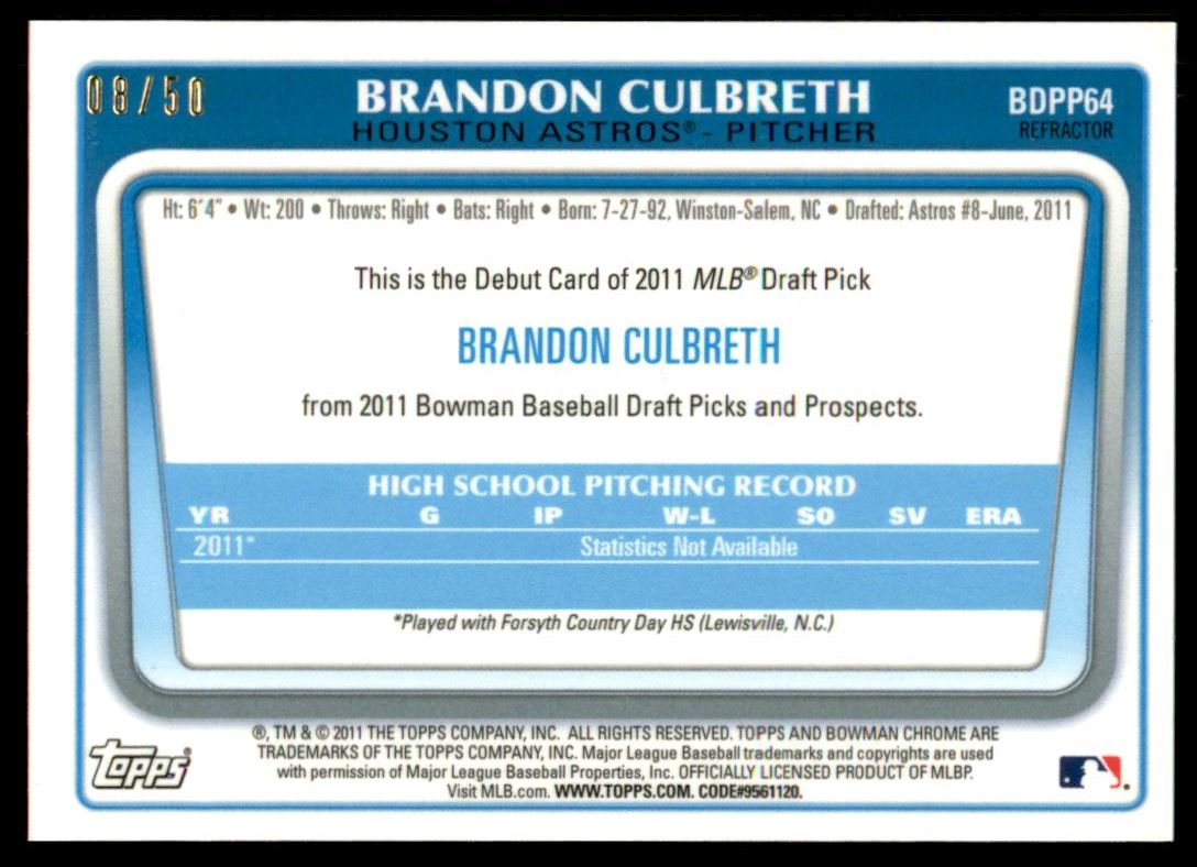 2011 Bowman Chrome Draft Prospects Gold Refractors #BDPP64 Brandon Culbreth