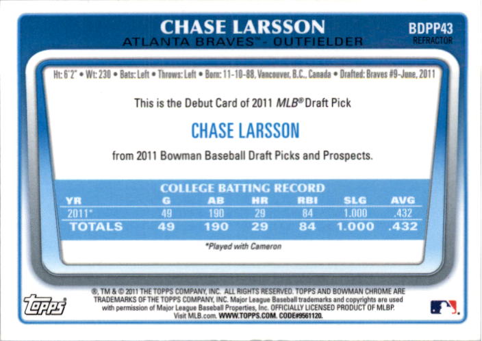 2011 Bowman Chrome Draft Prospects Purple Refractors #BDPP43 Chase Larsson back image