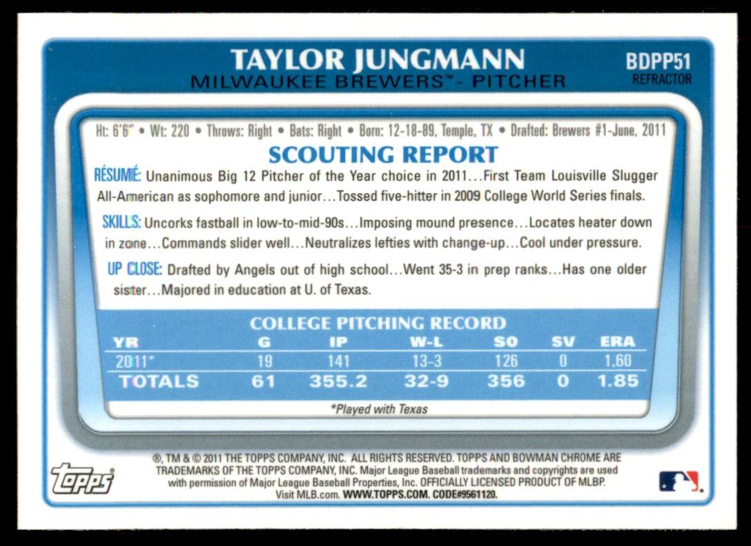 2011 Bowman Chrome Draft Prospects Purple Refractors #BDPP51 Taylor Jungmann