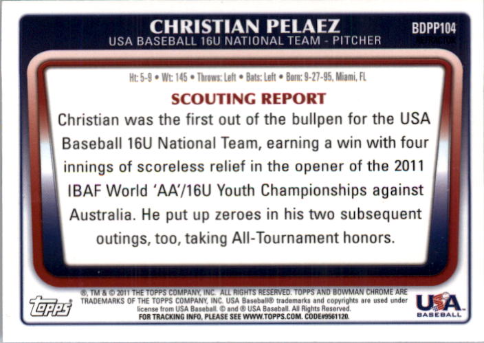 2011 Bowman Chrome Draft Prospects Purple Refractors #BDPP104 Christian Pelaez