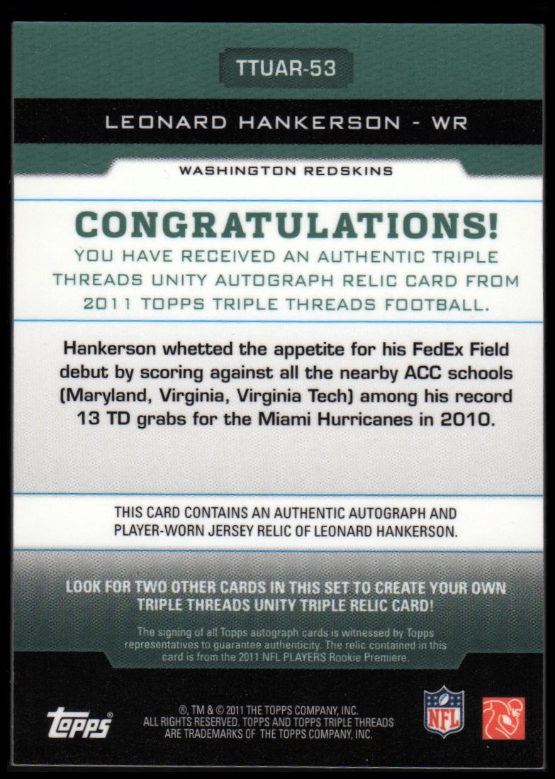 2011 Topps Triple Threads Autographed Unity Relics Emerald #TTUAR53 Leonard Hankerson back image