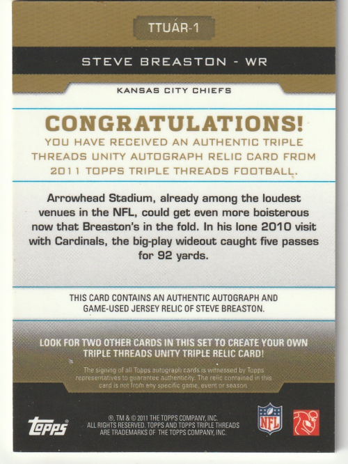 2011 Topps Triple Threads Autographed Unity Relics Gold #TTUAR1 Steve Breaston back image