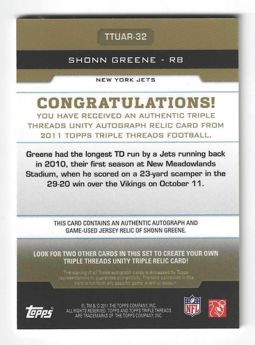2011 Topps Triple Threads Autographed Unity Relics Gold #TTUAR32 Shonn Greene back image