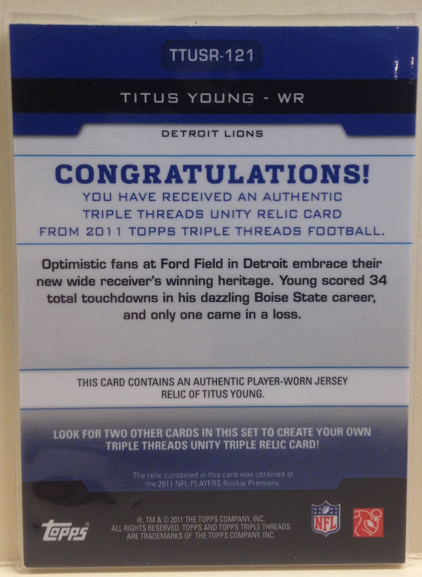 2011 Topps Triple Threads Unity Relics #TTUSR121 Titus Young back image