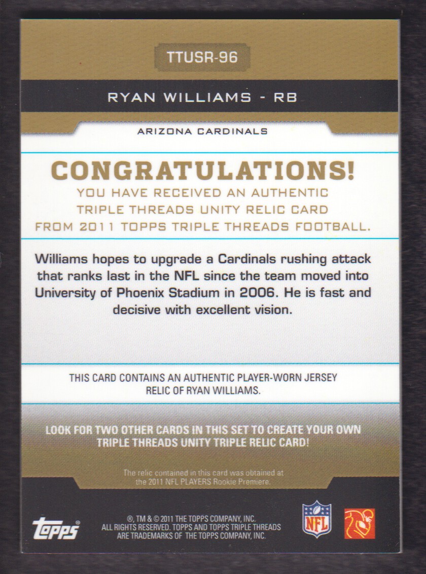 2011 Topps Triple Threads Unity Relics Gold #TTUSR96 Ryan Williams back image