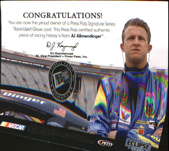 2012 Press Pass Signature Series Race Used #PPAAA A.J. Allmendinger back image
