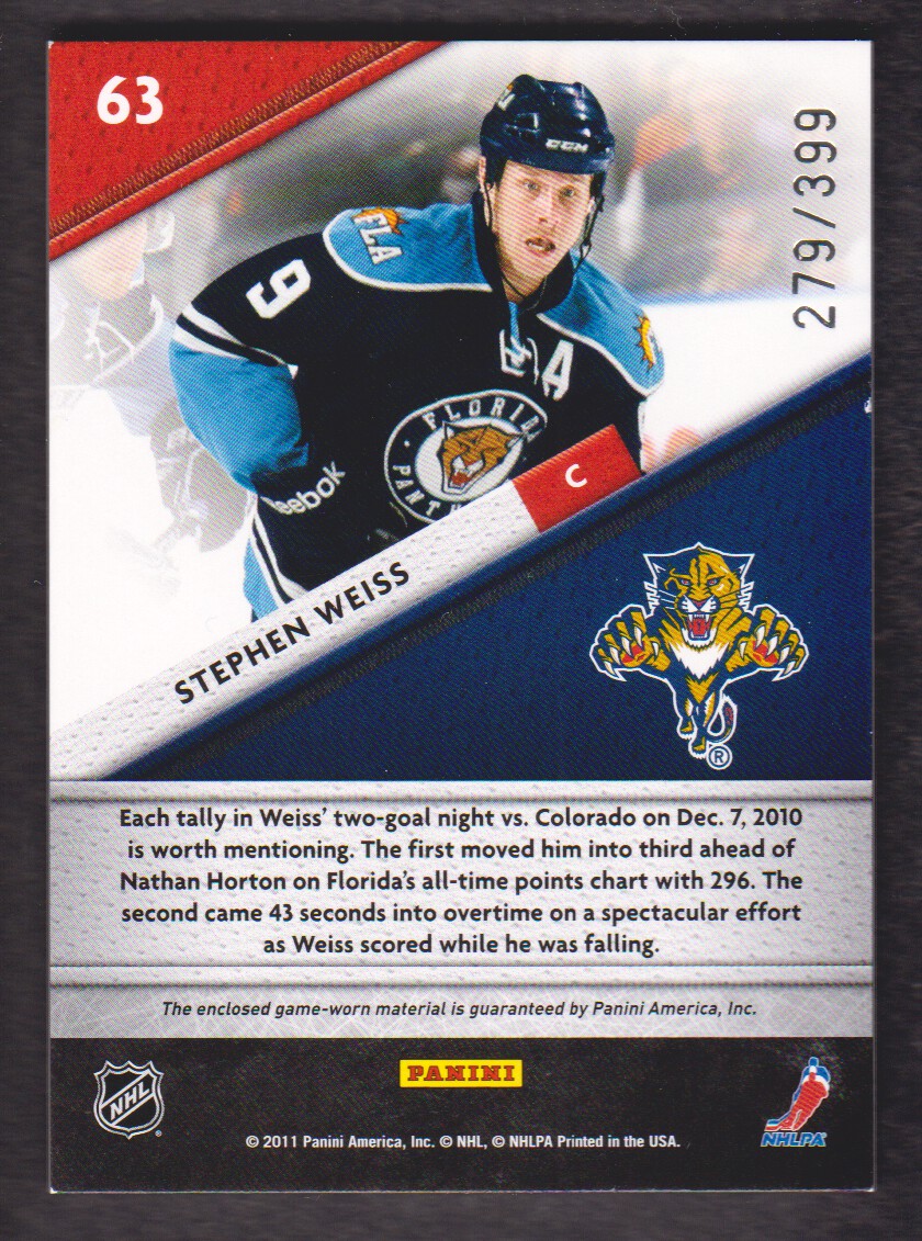 2011-12 Certified Fabric of the Game #63 Stephen Weiss/399 back image