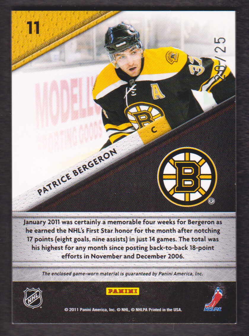 2011-12 Certified Fabric of the Game National Die Cut #11 Patrice Bergeron/25 back image