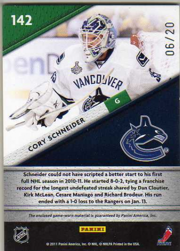 2011-12 Certified Fabric of the Game National Die Cut #142 Cory Schneider/20 back image