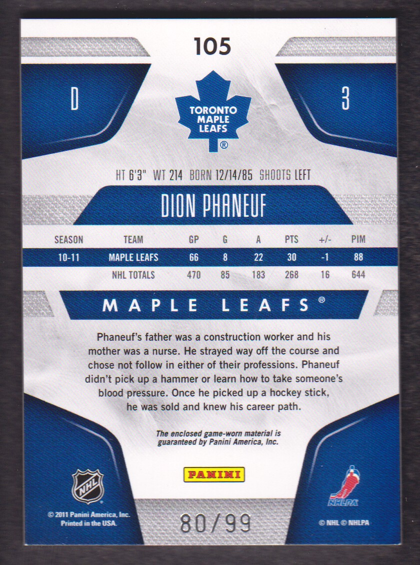 2011-12 Certified Mirror Blue Materials #105 Dion Phaneuf/99 back image