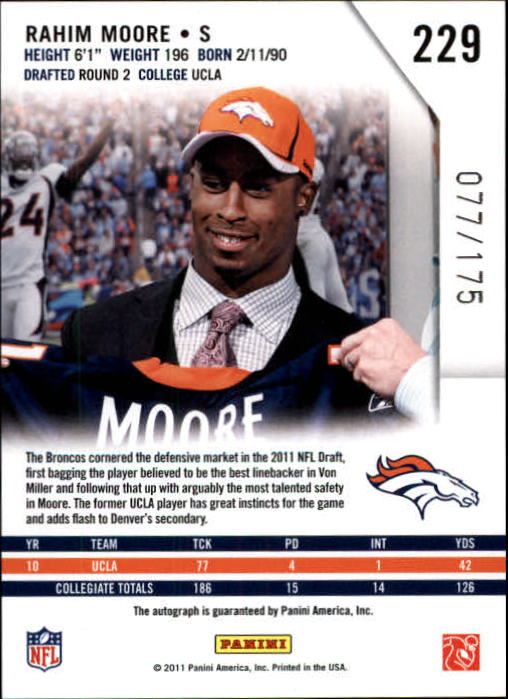 2011 Rookies and Stars Longevity Rookie Autographs #229 Rahim Moore/175 back image