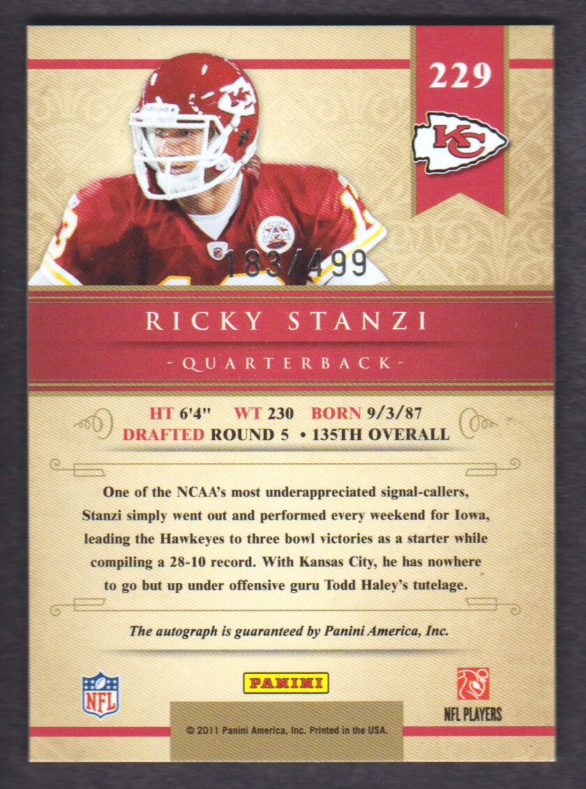 2011 Panini Gold Standard Autographs Silver #229 Ricky Stanzi/499 back image