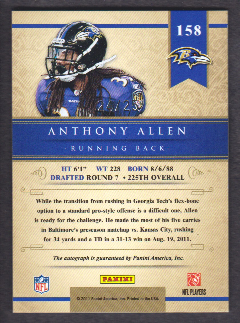 2011 Panini Gold Standard Autographs Gold #158 Anthony Allen/25 back image