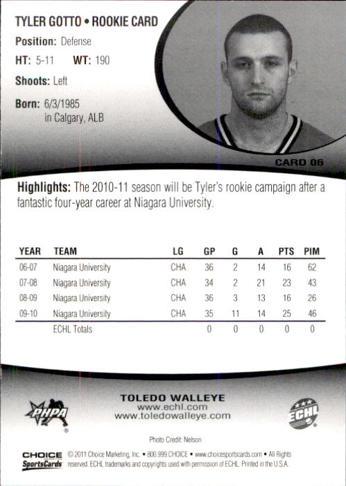 2010-11 Toledo Walleye #6 Tyler Gotto back image