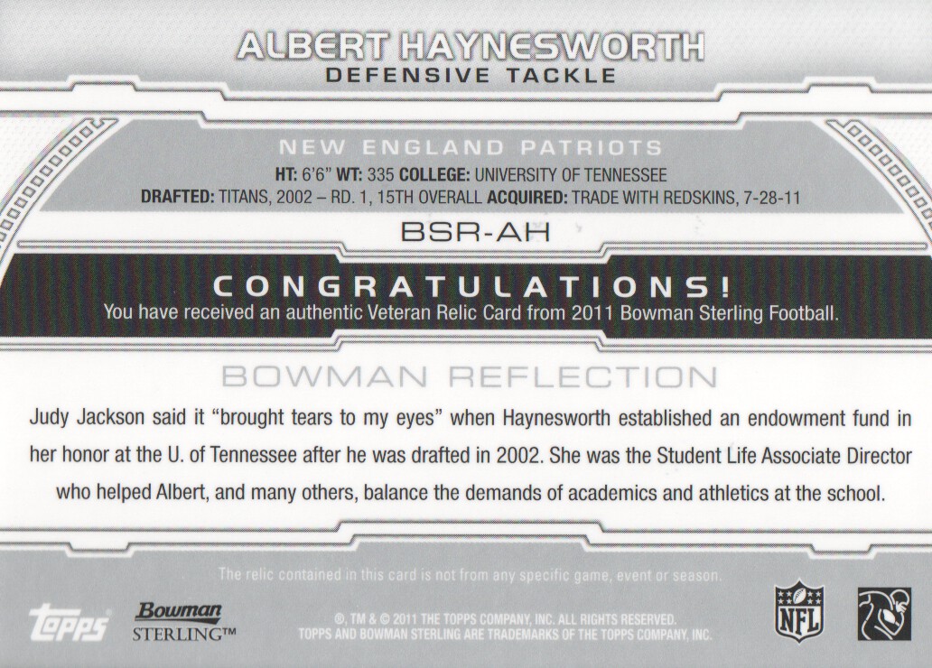 2011 Bowman Sterling #BSRAH Albert Haynesworth JSY back image
