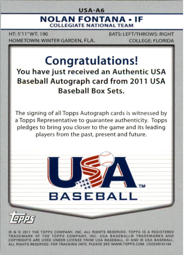 2011 USA Baseball Autographs #A6 Nolan Fontana back image