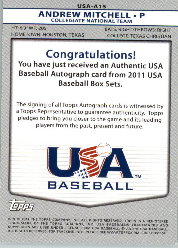 2011 USA Baseball Autographs #A15 Andrew Mitchell back image