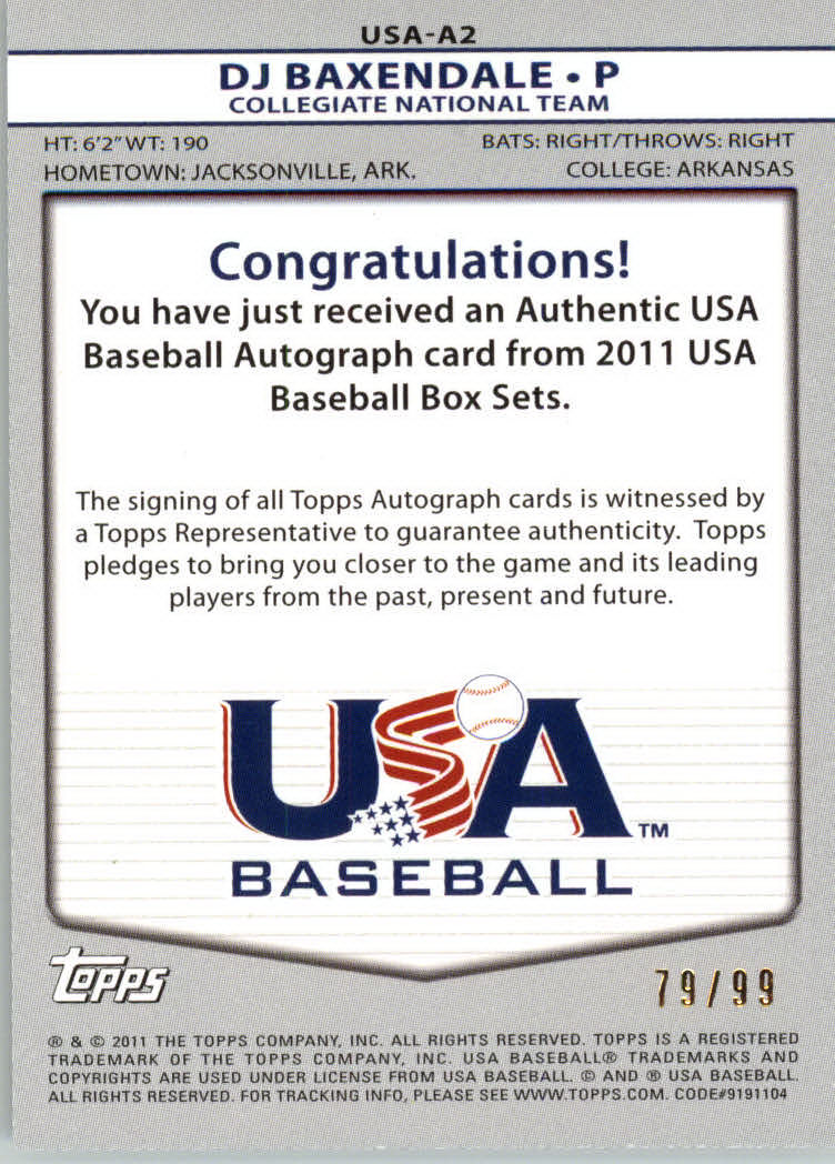 2011 USA Baseball Autographs Red #A2 D.J. Baxendale back image