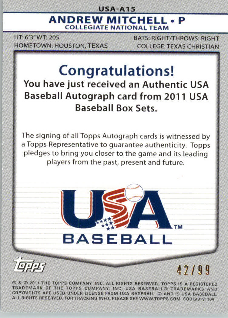 2011 USA Baseball Autographs Red #A15 Andrew Mitchell back image