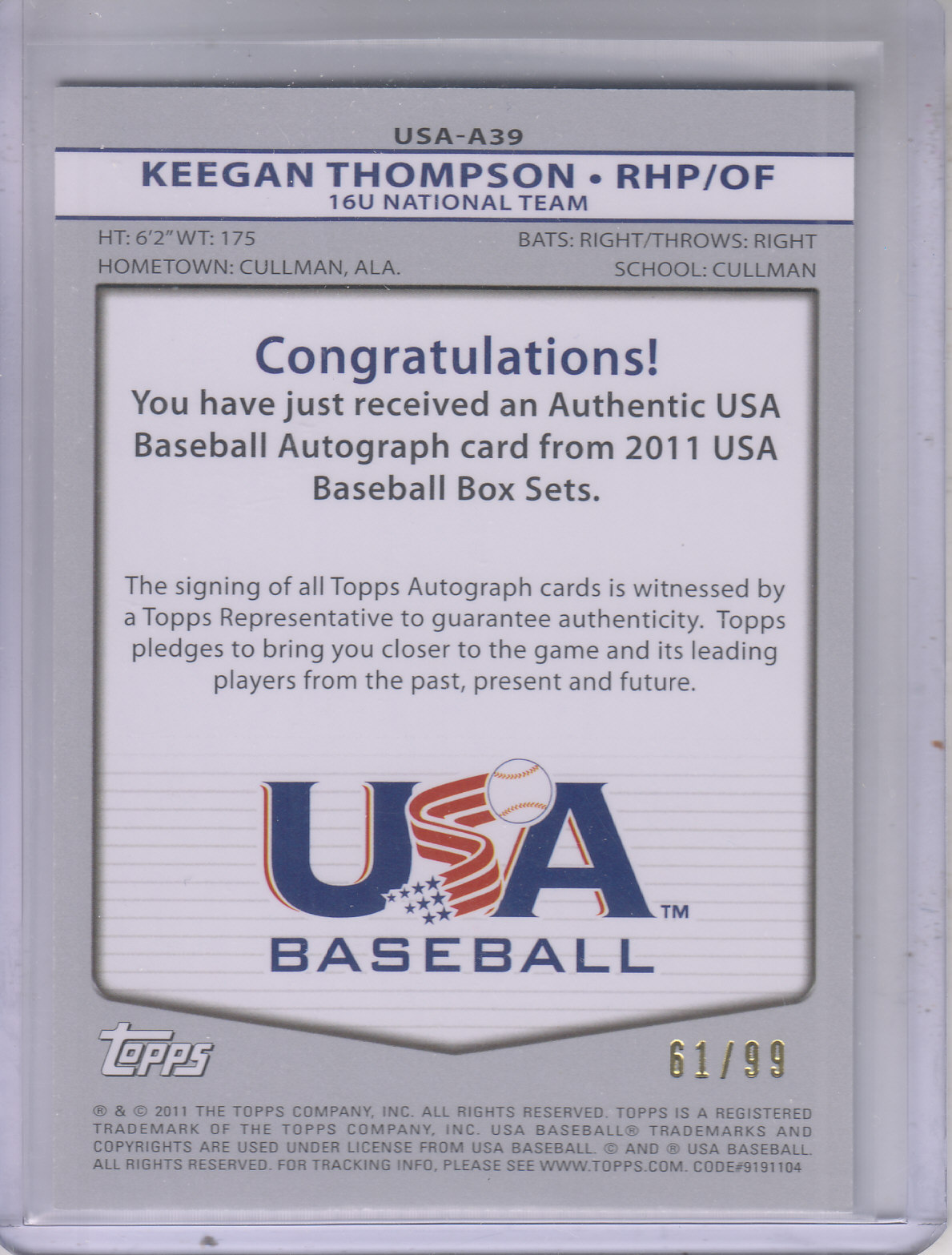 2011 USA Baseball Autographs Red #A39 Keegan Thompson back image