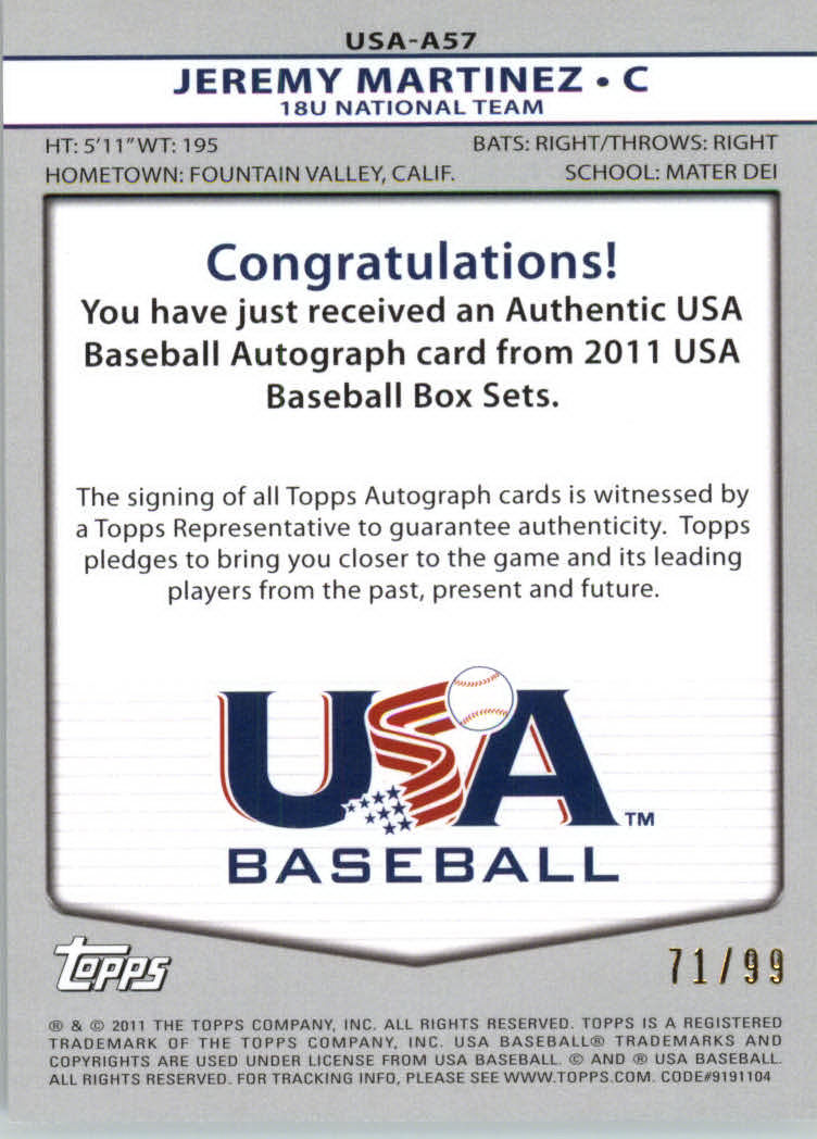 2011 USA Baseball Autographs Red #A57 Jeremy Martinez back image