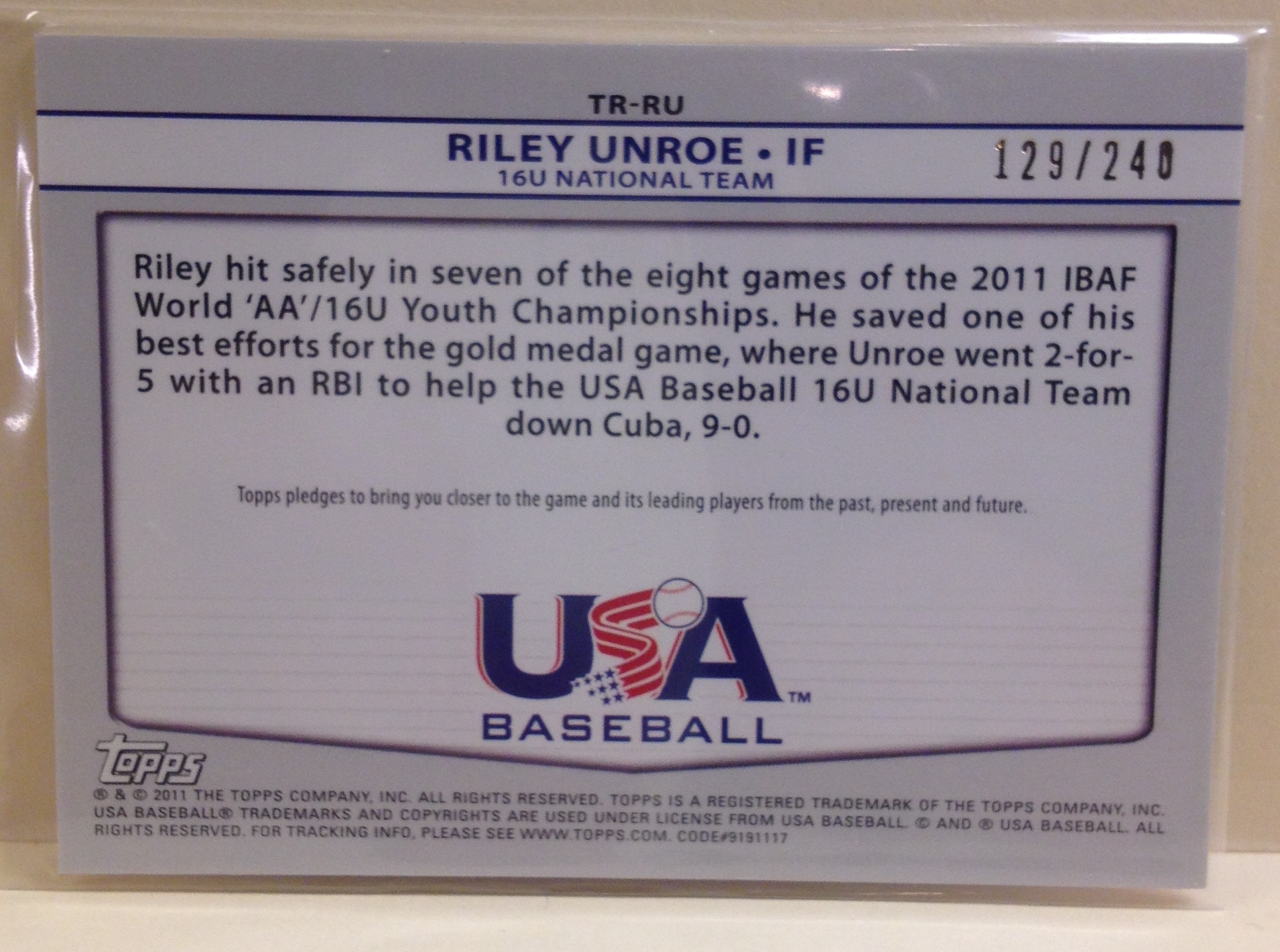 2011 USA Baseball Triple Jerseys #RU Riley Unroe back image