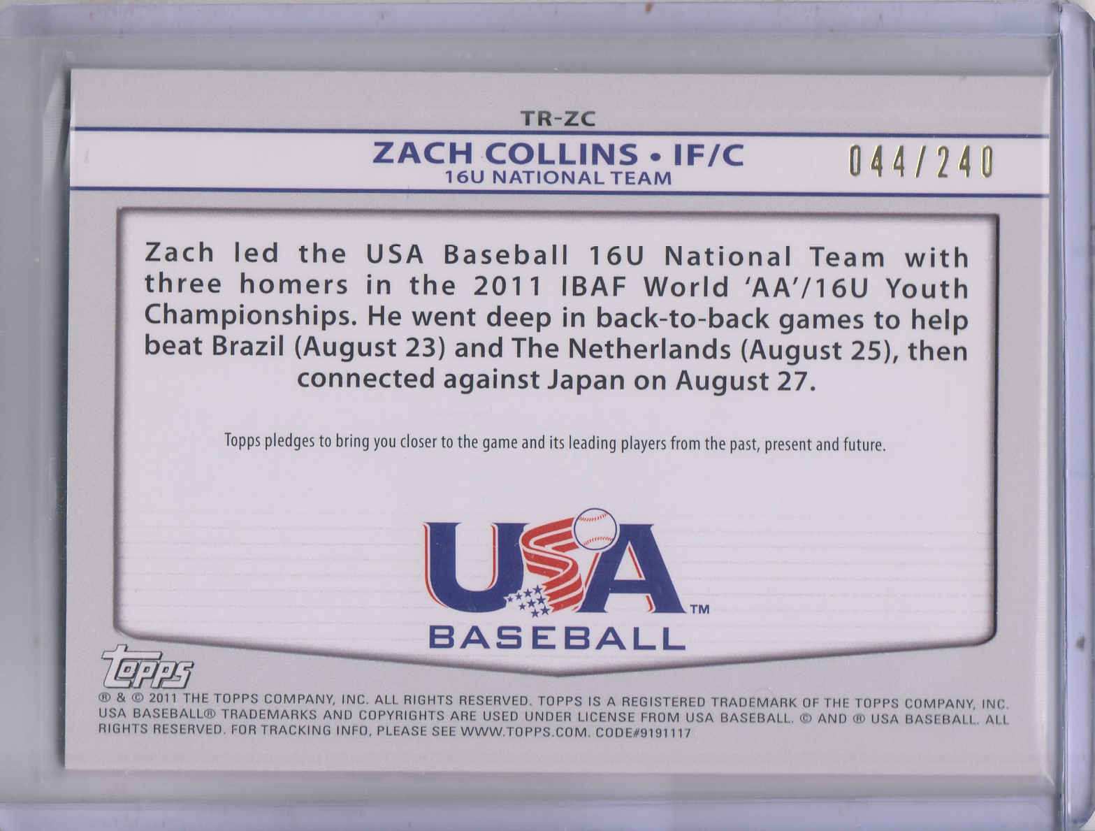 2011 USA Baseball Triple Jerseys #ZC Zack Collins back image