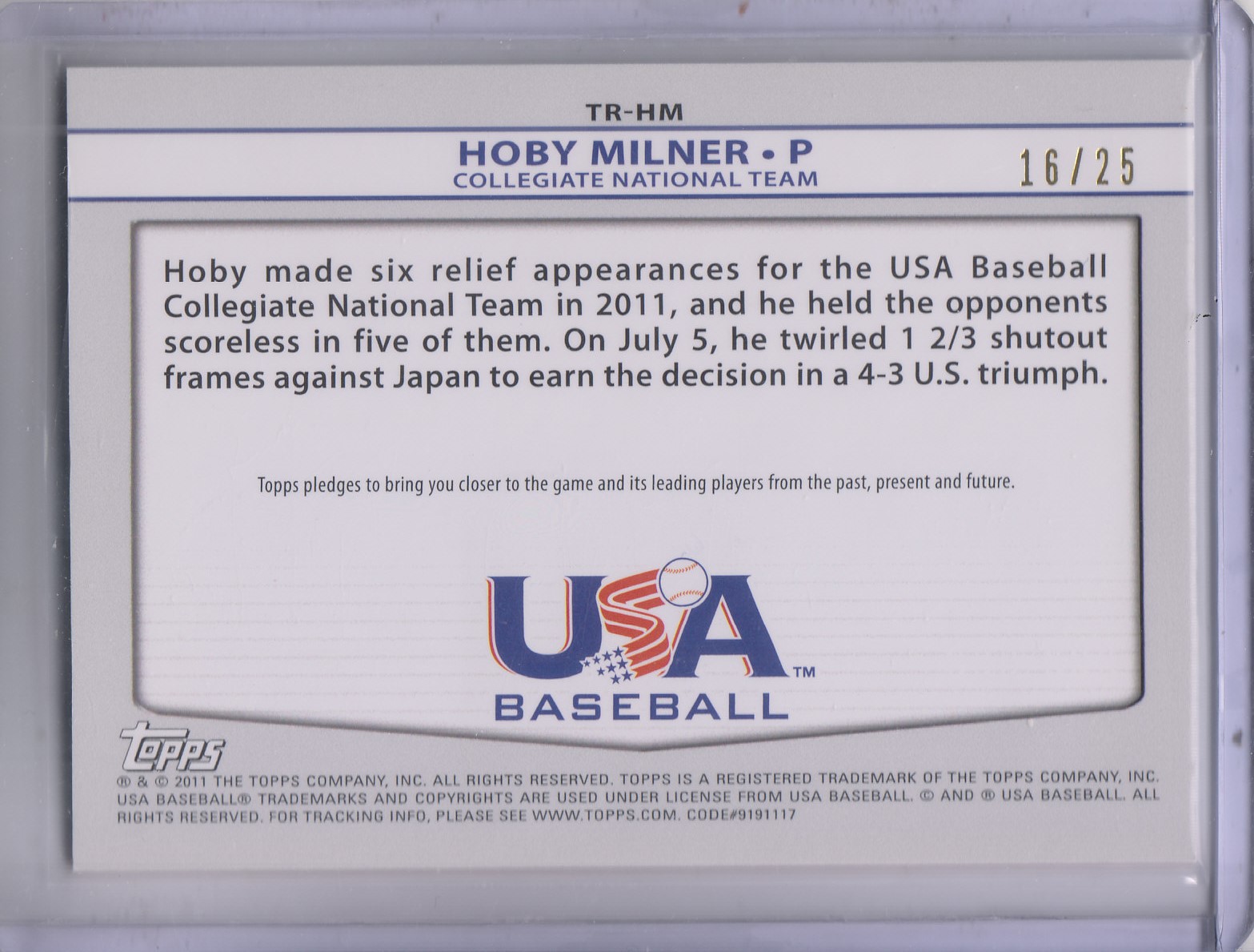 2011 USA Baseball Triple Jerseys Red #HM Hoby Milner back image