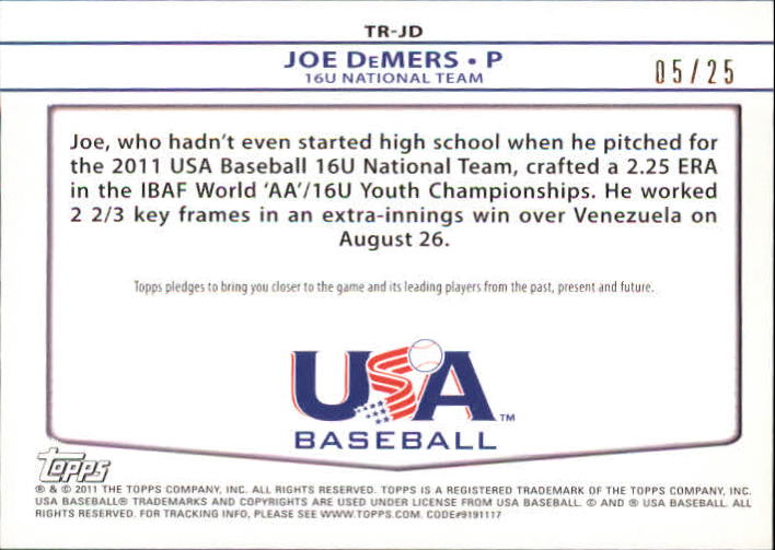 2011 USA Baseball Triple Jerseys Red #JD Joe DeMers back image