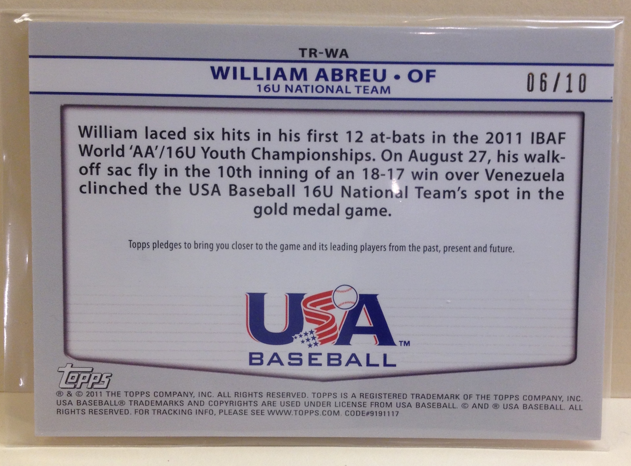 2011 USA Baseball Triple Jerseys Gold #WA William Abreu back image