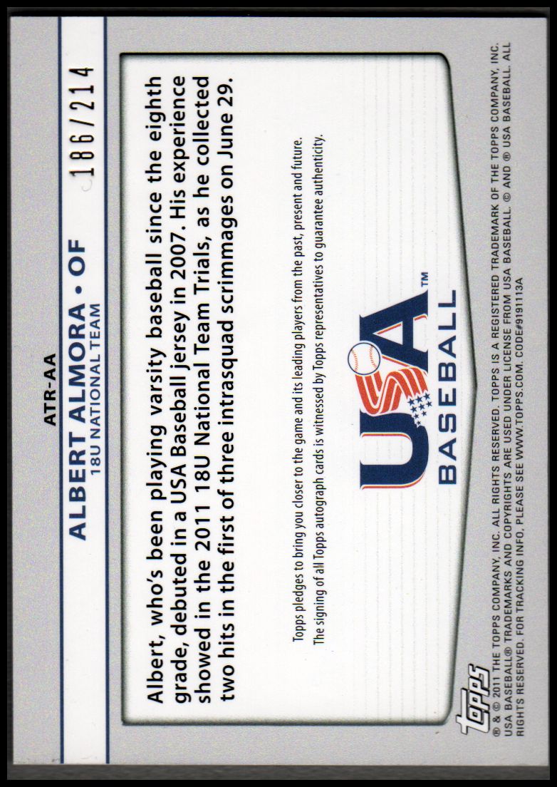 2011 USA Baseball Triple Jersey Autographs #AA Albert Almora/214 back image