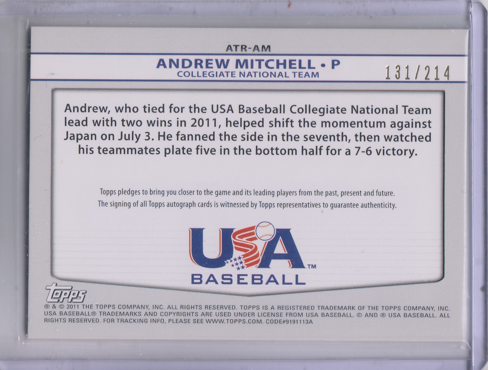 2011 USA Baseball Triple Jersey Autographs #AM Andrew Mitchell/214 back image