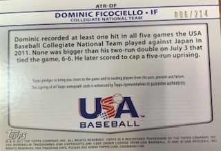 2011 USA Baseball Triple Jersey Autographs #DF Dominic Ficociello/214 back image