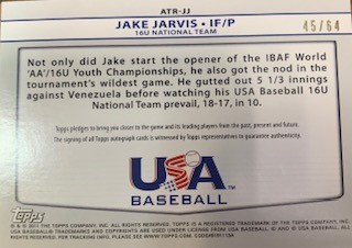 2011 USA Baseball Triple Jersey Autographs #JJ Jake Jarvis/64 back image