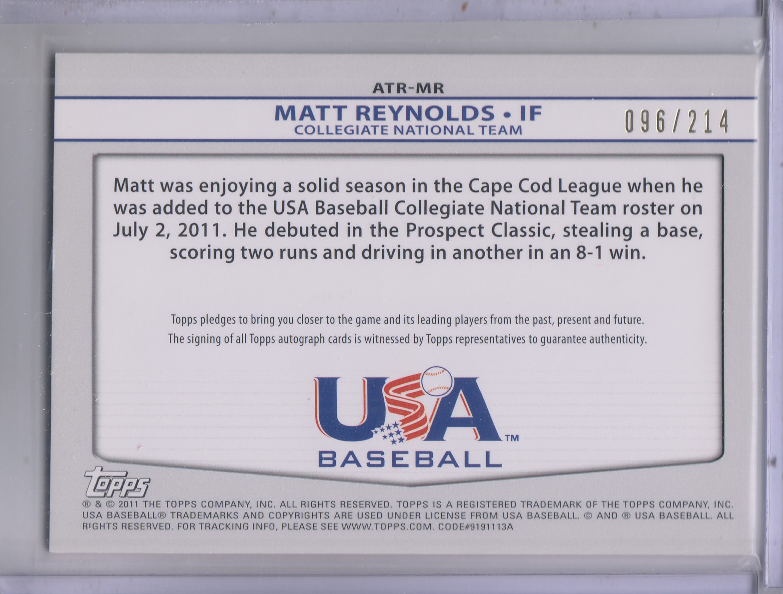 2011 USA Baseball Triple Jersey Autographs #MR Matt Reynolds/214 back image