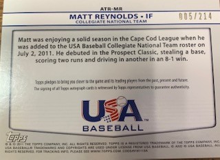 2011 USA Baseball Triple Jersey Autographs #MR Matt Reynolds/214 back image