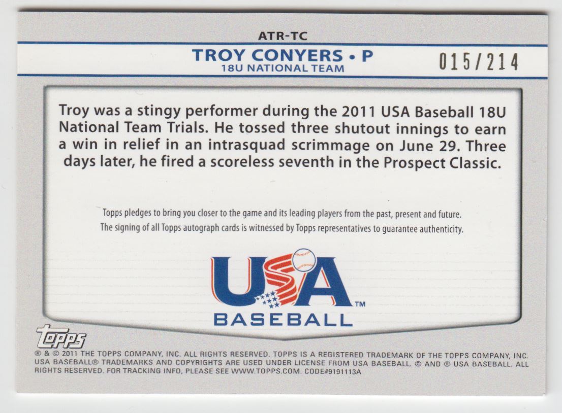 2011 USA Baseball Triple Jersey Autographs #TC Troy Conyers/214 back image