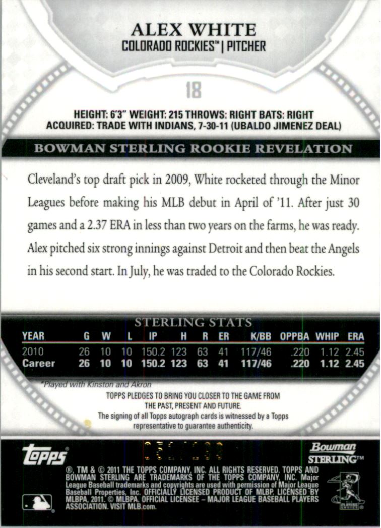 2011 Bowman Sterling Rookie Autographs Refractors #18 Alex White back image