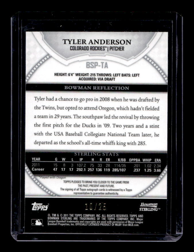 2011 Bowman Sterling Prospect Autographs Black Refractors #TA Tyler Anderson back image